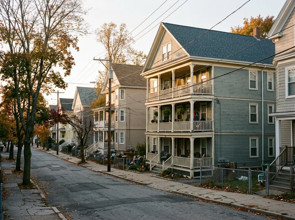 Providence street of triple-decker houses, one with a new charcoal shingle roof